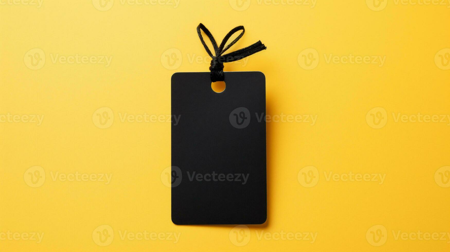 Blank black price tag or address label with string on yellow background. AI Generative photo