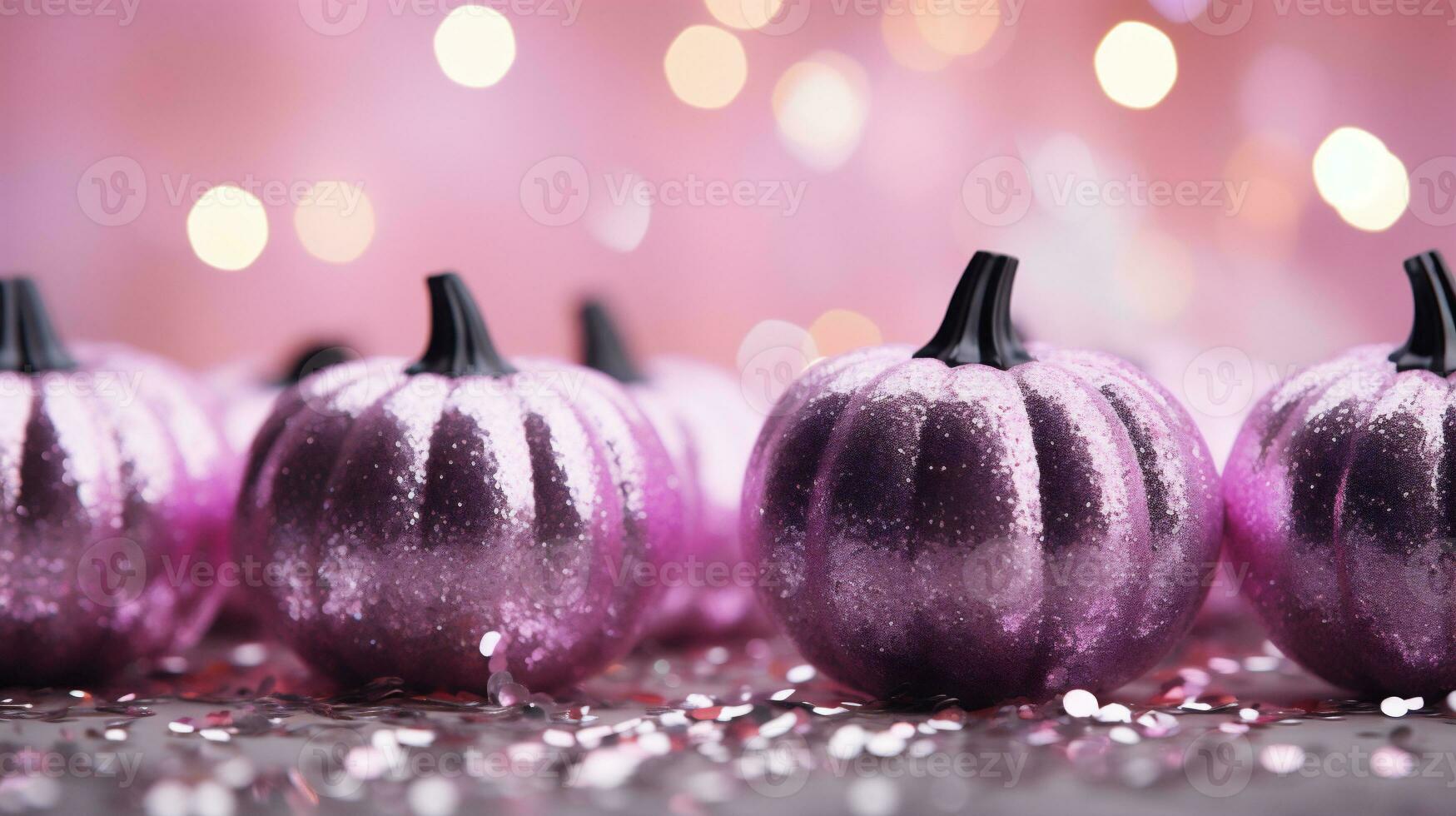 Halloween purple pumpkins on bokeh background with copy space. AI Generative photo