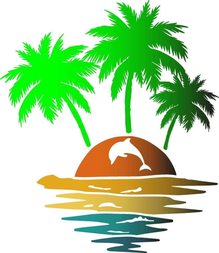 retro delfines y palma árboles, playa escena clipart imagen, retro puesta de sol rayos ondulado agua, océano olas Dom rayos naranja azul amarillo vector