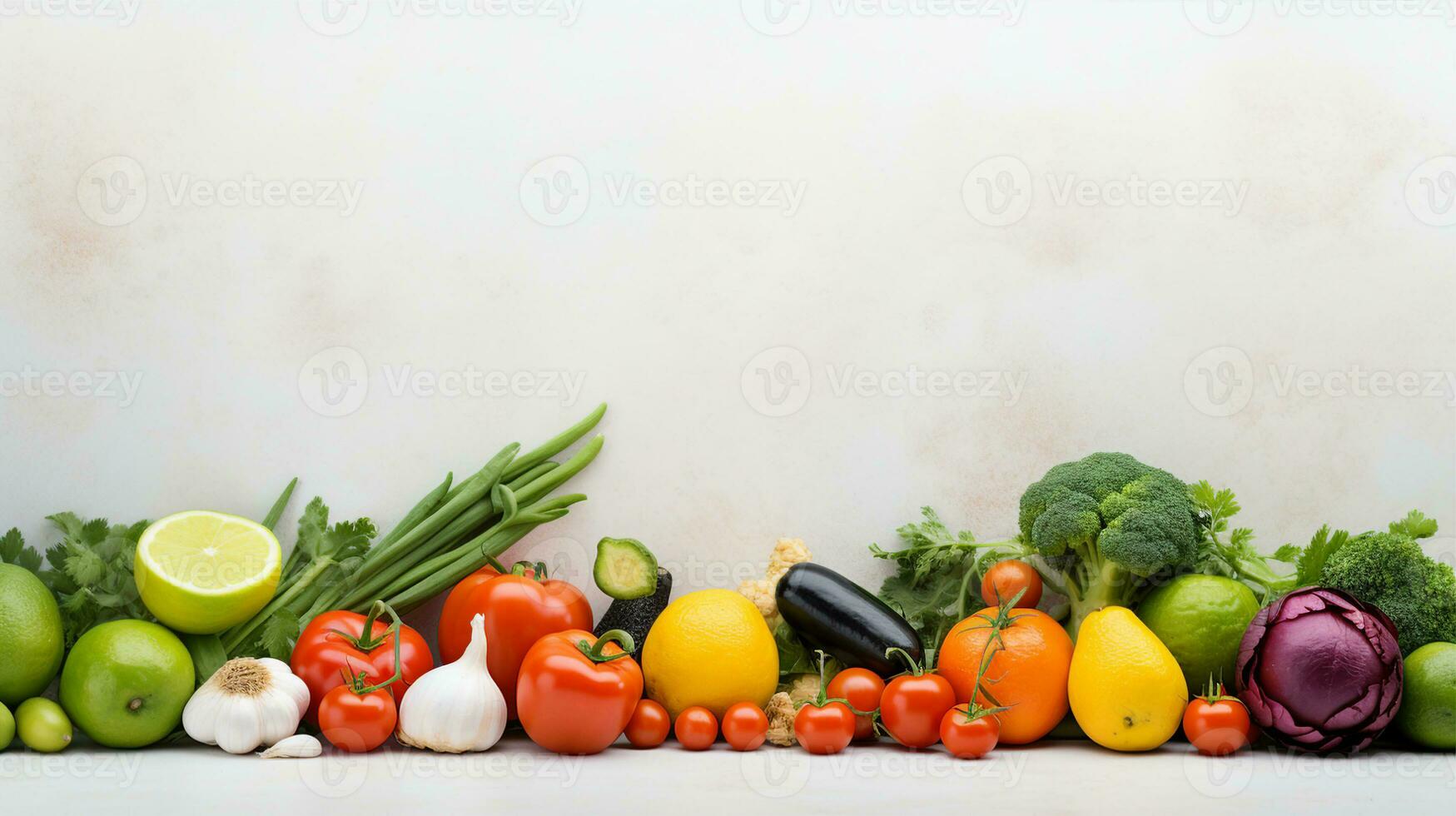 A vibrant array of fresh fruits and vegetables beautifully arranged against a neutral backdrop, emphasizing freshness. Generative AI photo