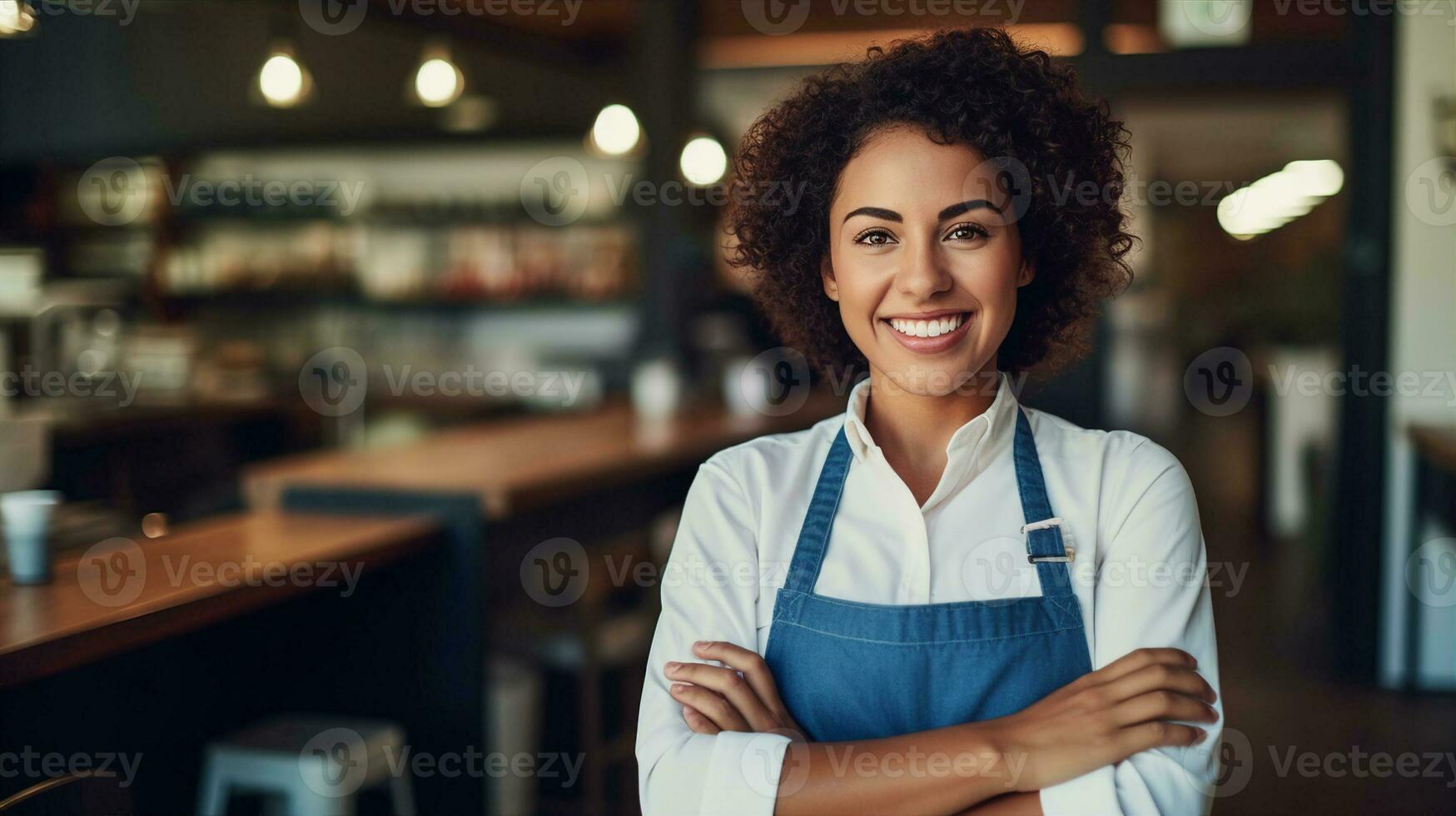 Happy portrait of a latin woman, waitress in a cafe or store. Generative AI photo
