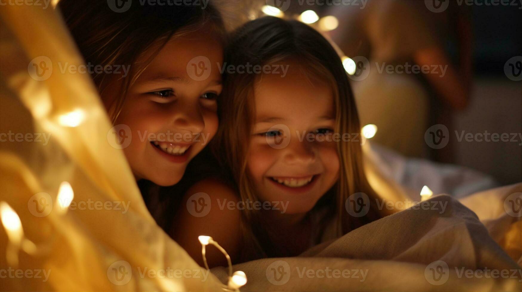Children at a sleepover, giggles and whispers in a room lit by fairy lights. Generative AI photo