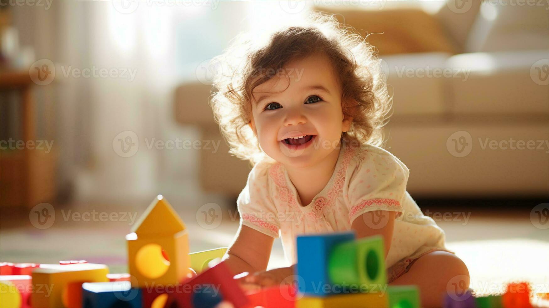 A smiling toddler playing with colorful blocks on a soft carpet under warm sunlight, surrounded by toys. Generative AI photo