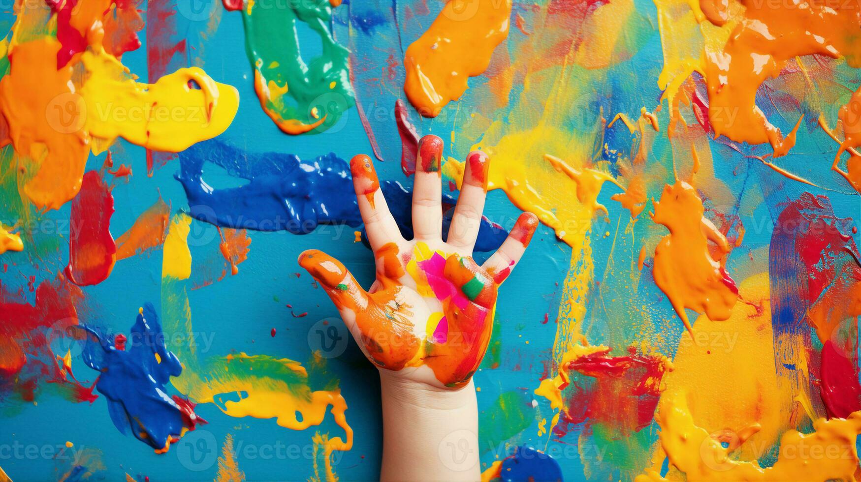 Child dipping fingers in paint, creating a vibrant mural of handprints