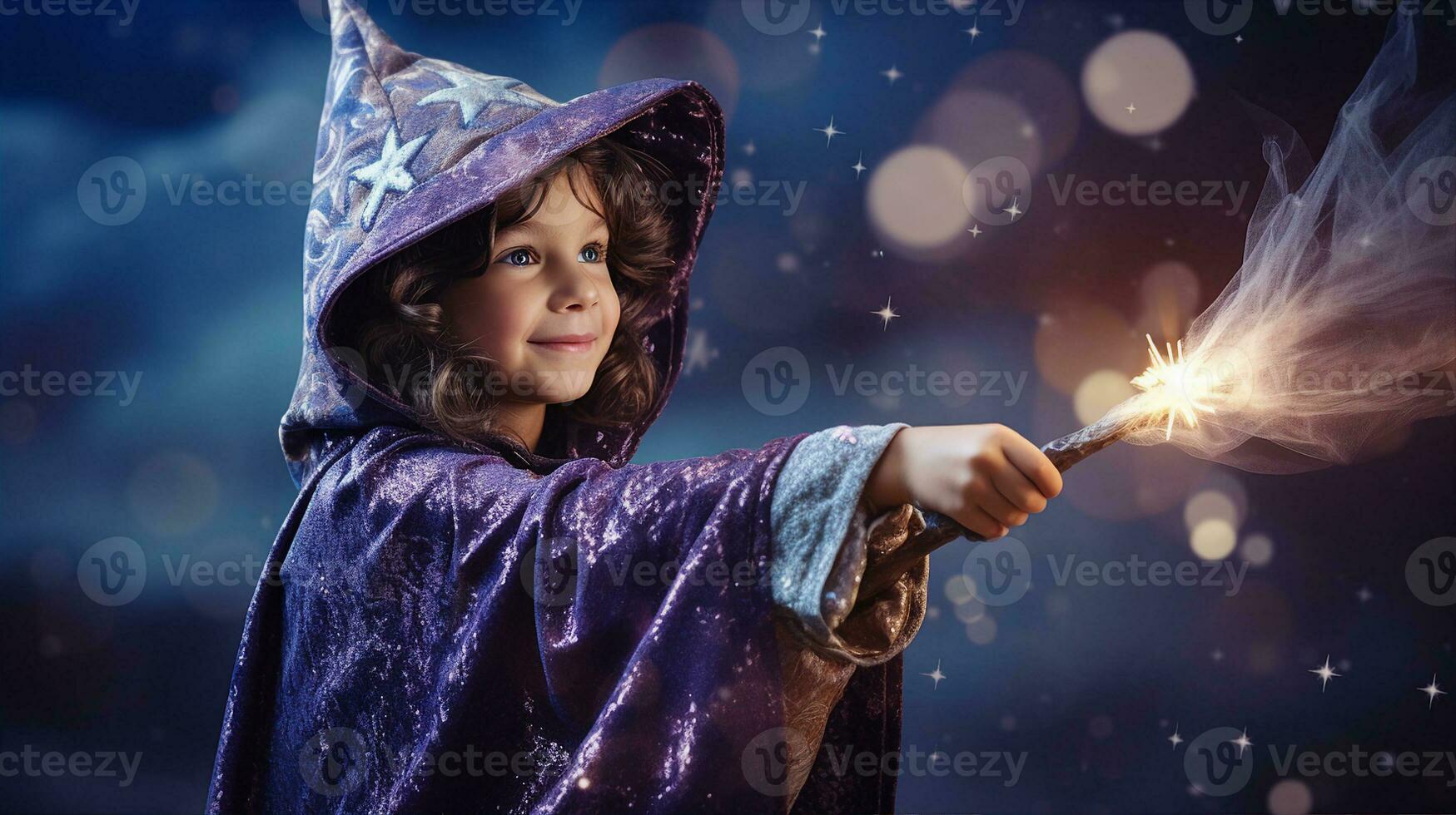 Child in a wizard costume, waving a magical wand, imagination turning ordinary to extraordinary. Generative AI photo