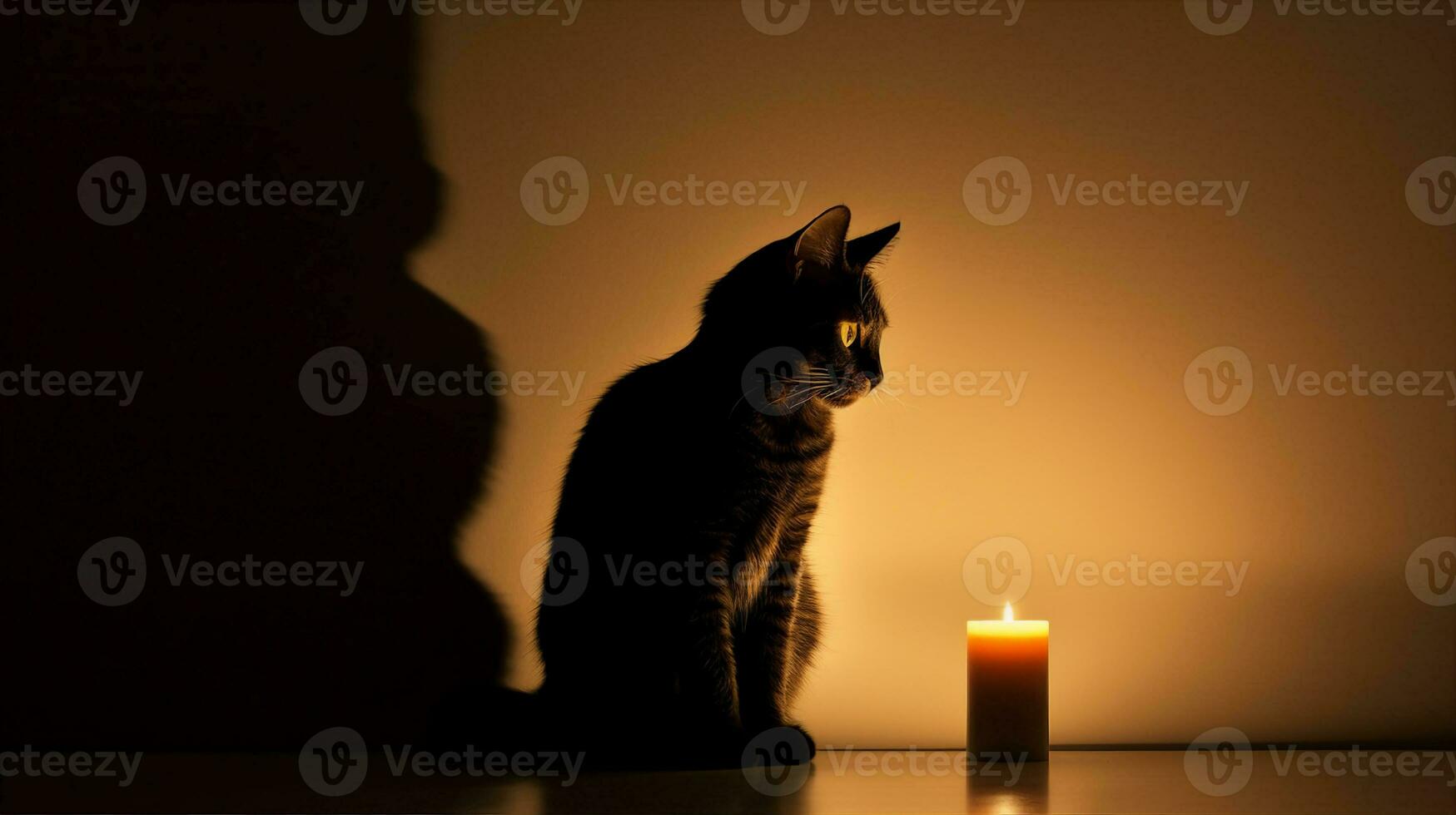 A cat's shadow projected on a wall, illuminated by candlelight, creating a mysterious silhouette. Generative AI photo