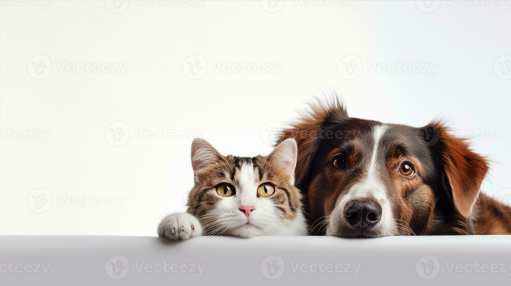 Dog and cat together, cute pets, isolated banner with copy space. Generative AI photo