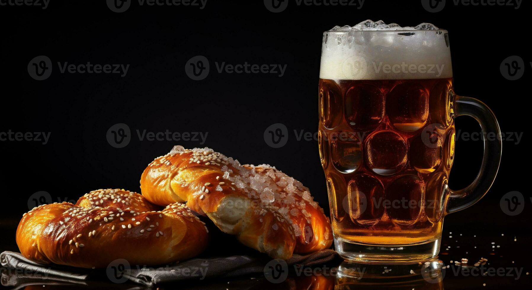 Oktoberfest beer and pretzels on a wooden table. AI Generative photo