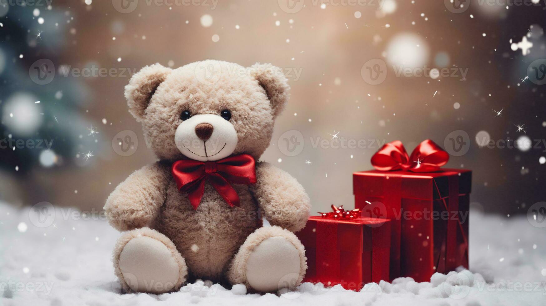 Teddy bear with gift boxes on snow and bokeh background. AI Generative photo