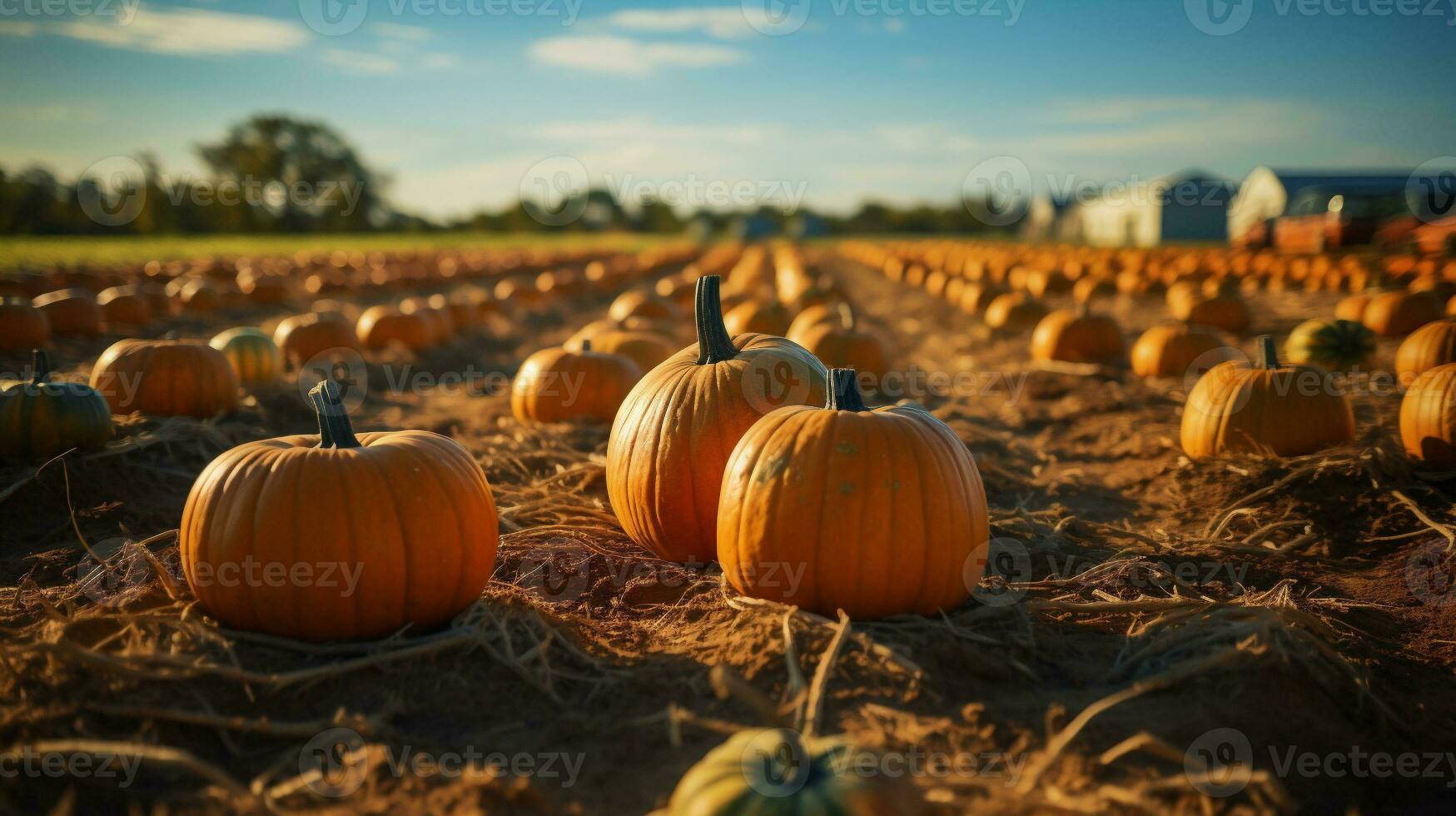 Pumpkin patch on sunny autumn day. Colorful pumpkins ready for Halloween. AI Generative photo