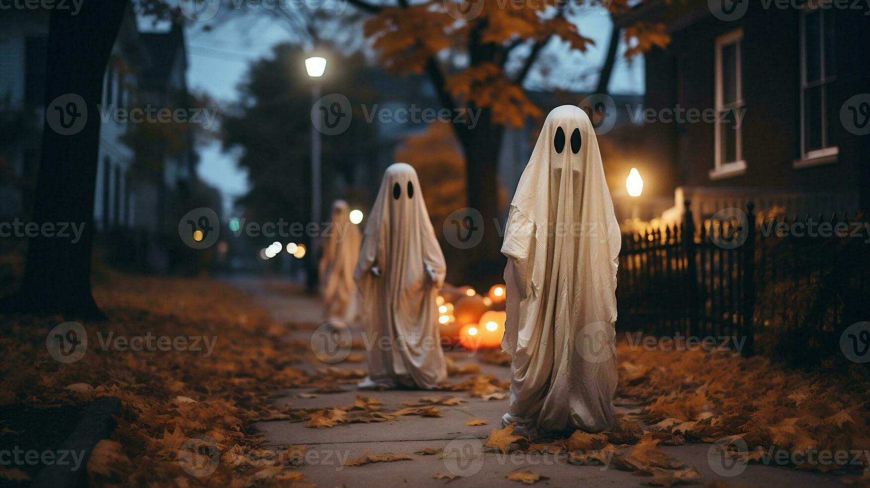 Ghosts walking on the street in the evening. Halloween concept. AI Generative photo