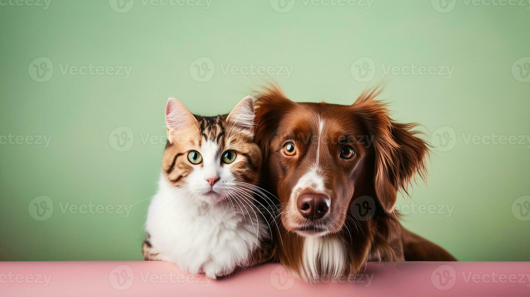 Dog and cat together, cute pets, isolated banner with copy space. Generative AI photo