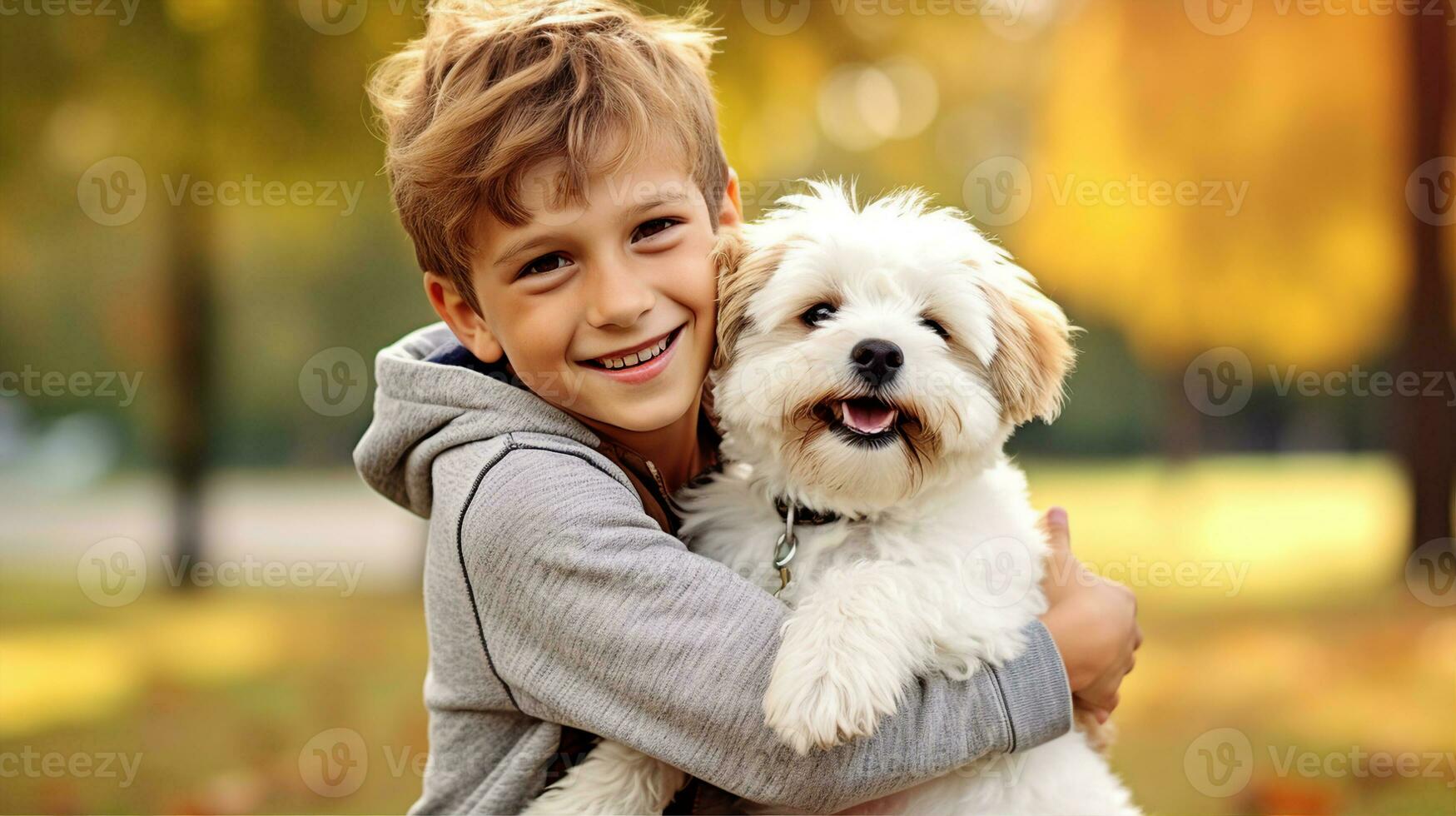 chico con un mascota perro, compañerismo y lealtad evidente en su enlace y juguetón payasadas. generativo ai foto