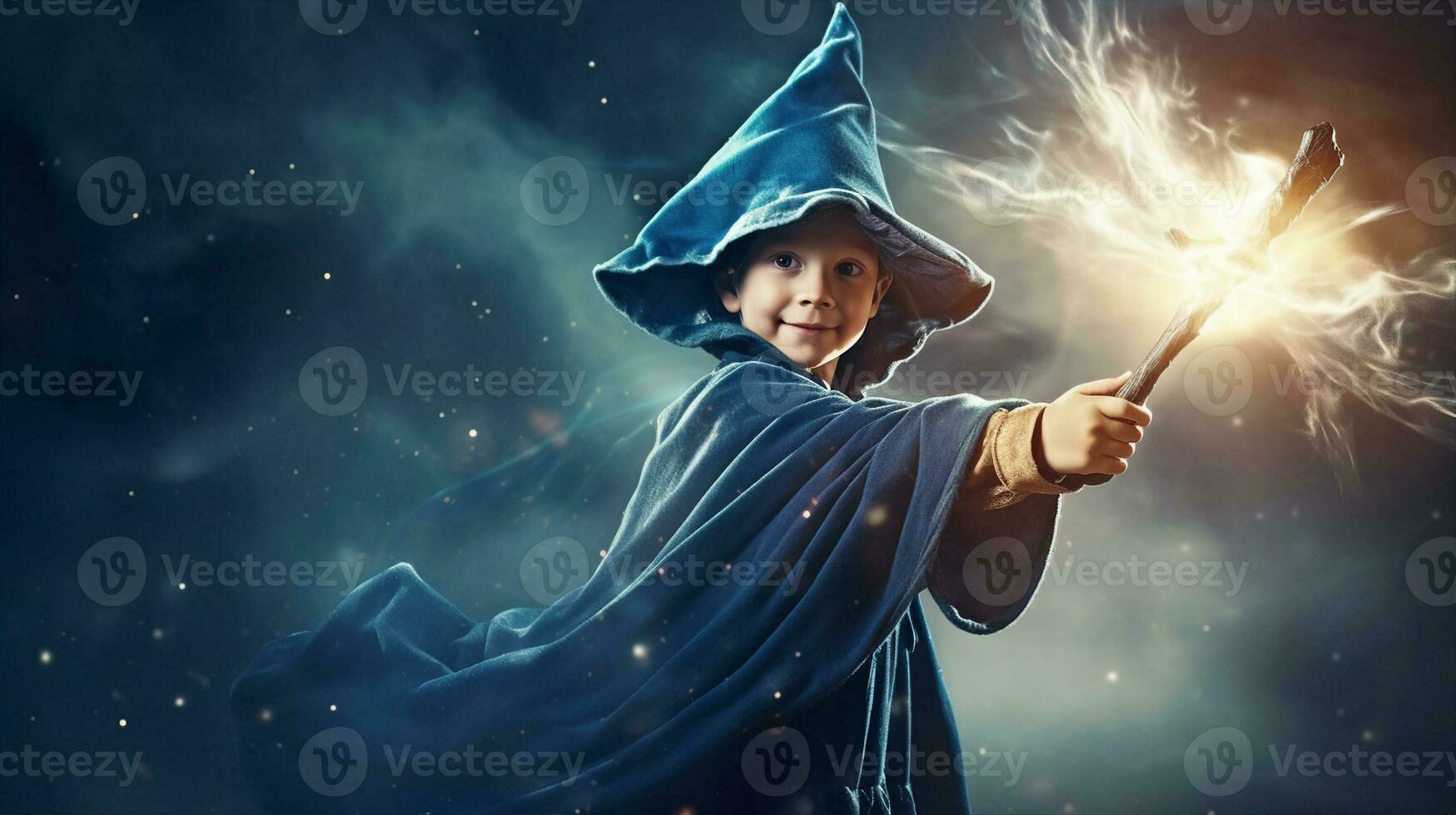 Child in a wizard costume, waving a magical wand, imagination turning ordinary to extraordinary. Generative AI photo