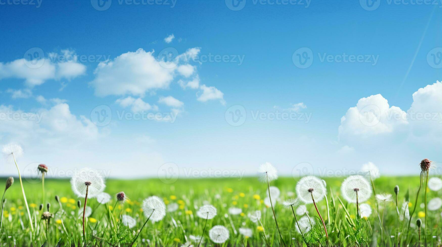 Meadow with green grass, flowers, dandelions and sunny sky, spring or summer background. Generative AI photo