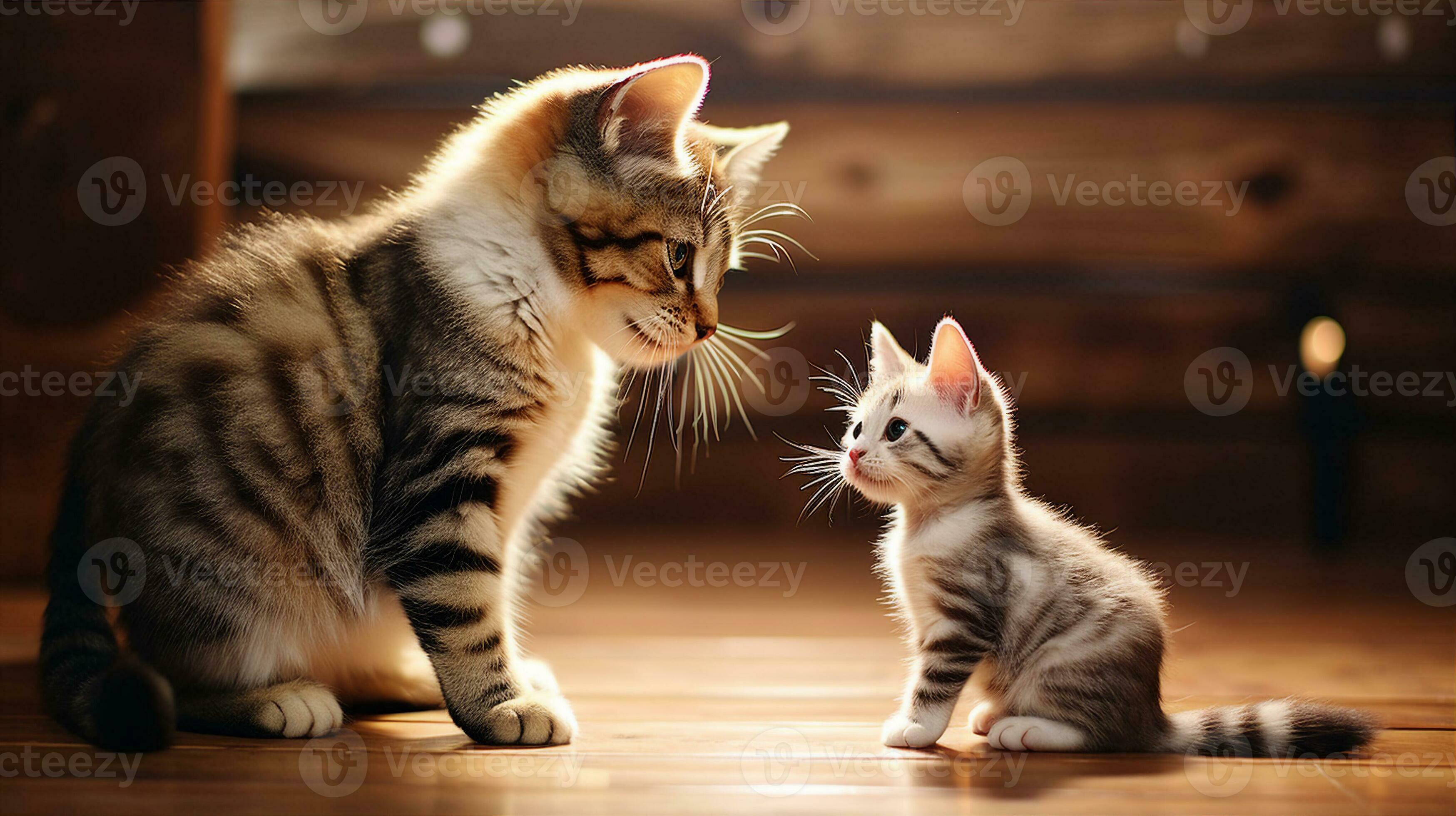 Mother cat grooming her playful kitten, both sitting on a rustic wooden
