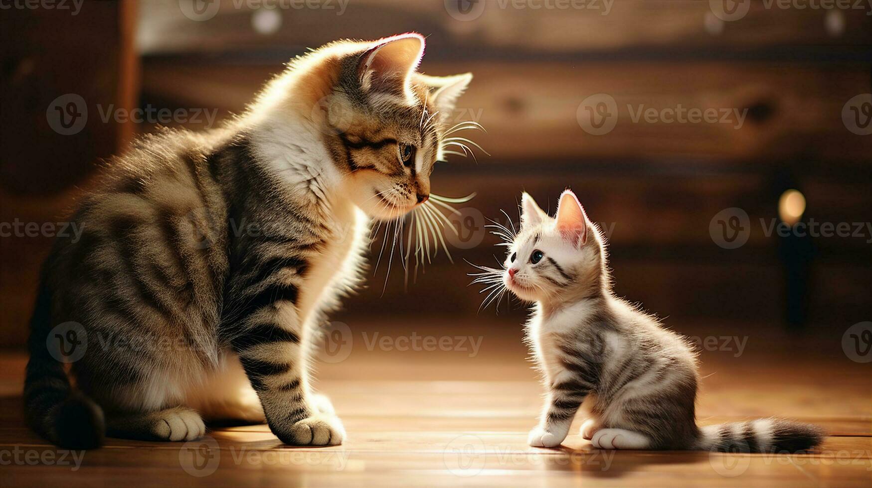 Mother cat grooming her playful kitten, both sitting on a rustic wooden floor. Generative AI photo