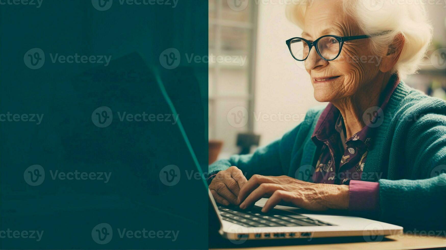 An elderly woman learning to code on a laptop, challenging age - related stereotypes. Generative AI photo