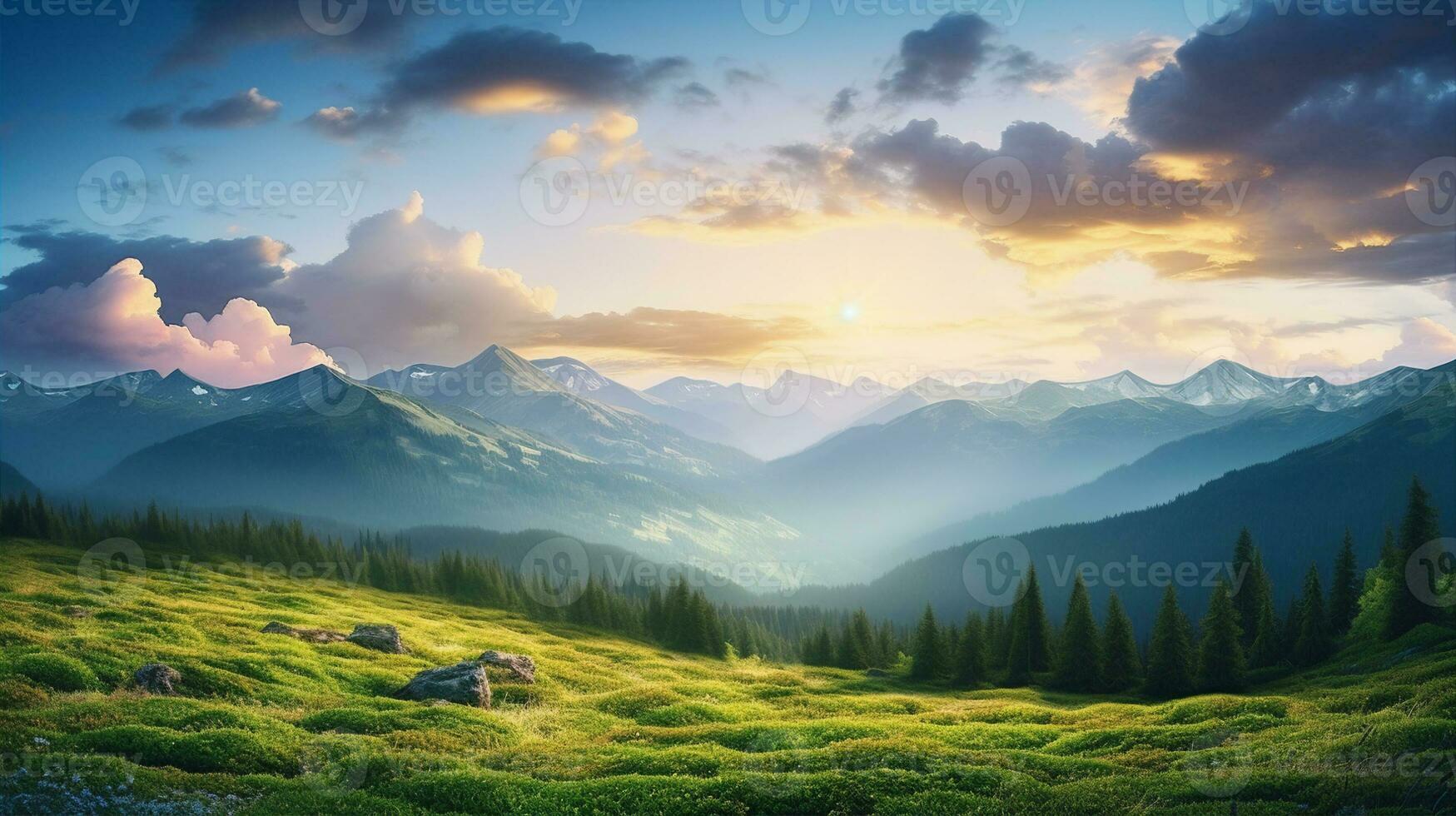 Mountain and sunset sky, summer background. Generative AI photo