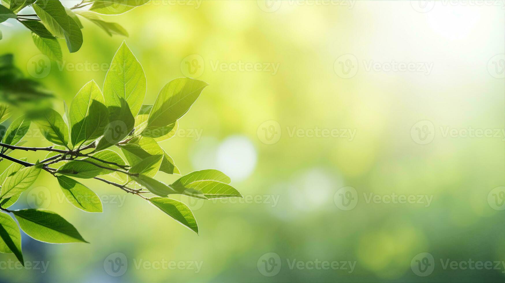 Fresh green leaves, plant, spring or summer season, bokeh, blur abstract background. Generative AI photo