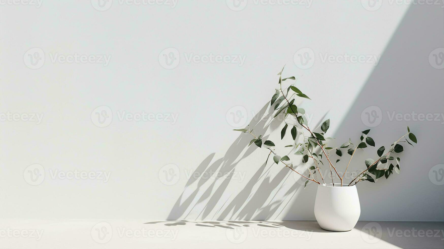 Shadow on white wall, plant, light background with copy space. Generative AI photo