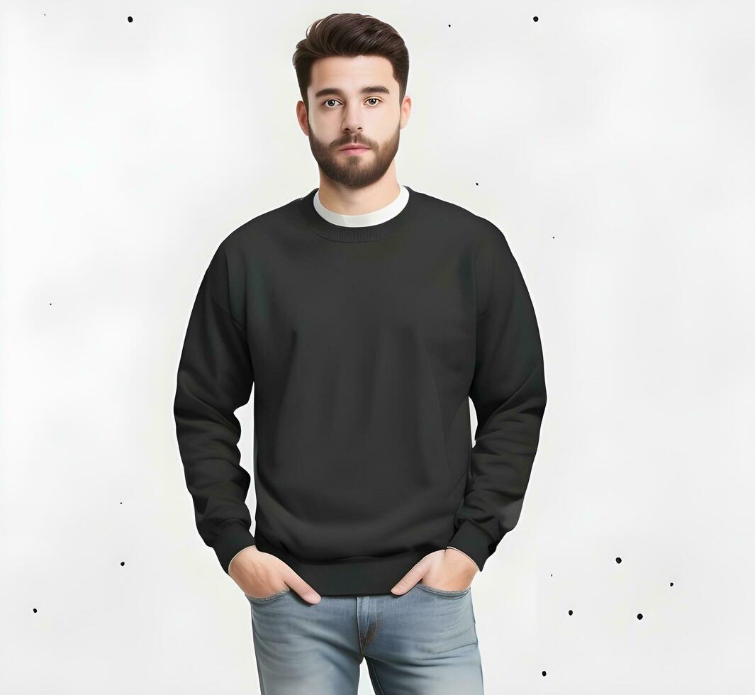 Young man wearing blank black sweater mockup print presentation mockup ai generate photo