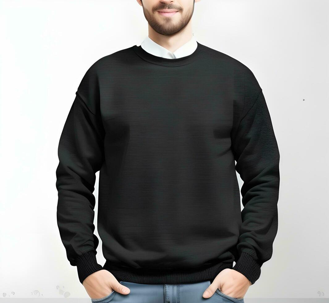 Young man wearing blank black sweater mockup print presentation mockup ai generate photo