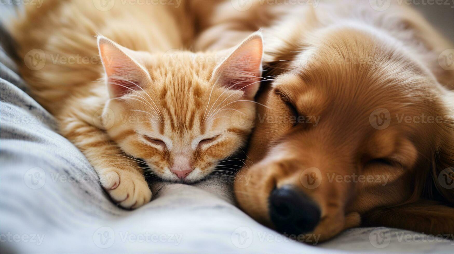 Dog and cat, cute pets sleeping together at home. Generative AI photo