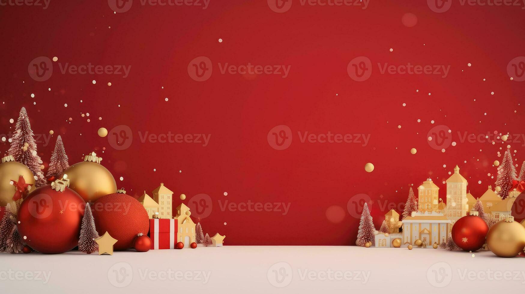 Christmas tree, city, houses, gift box, gold balls, snow, xmas decoration, New Year banner, red background with copy space photo