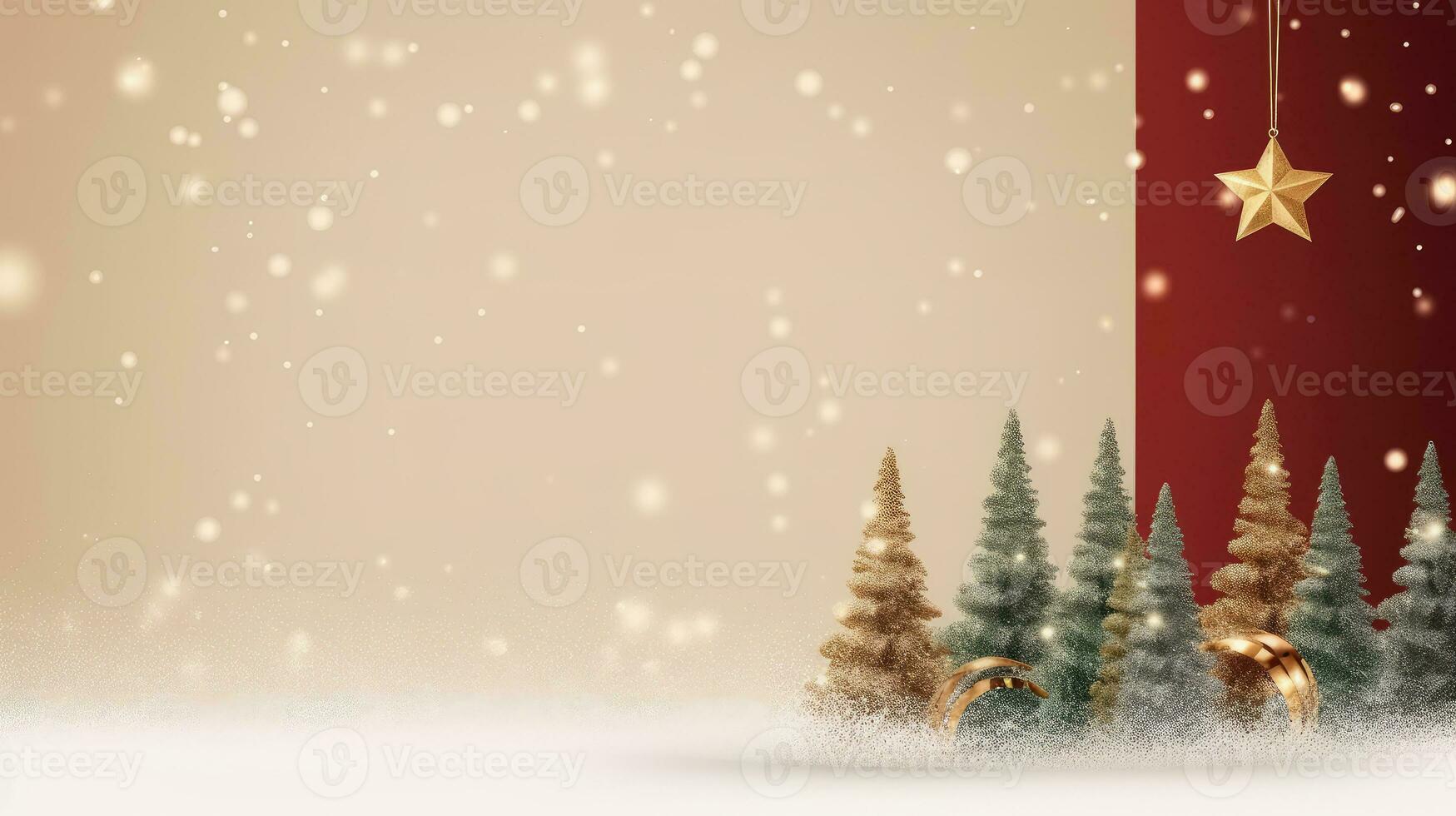 Christmas tree, snow, xmas decoration, New Year banner, gold and red background with copy space photo