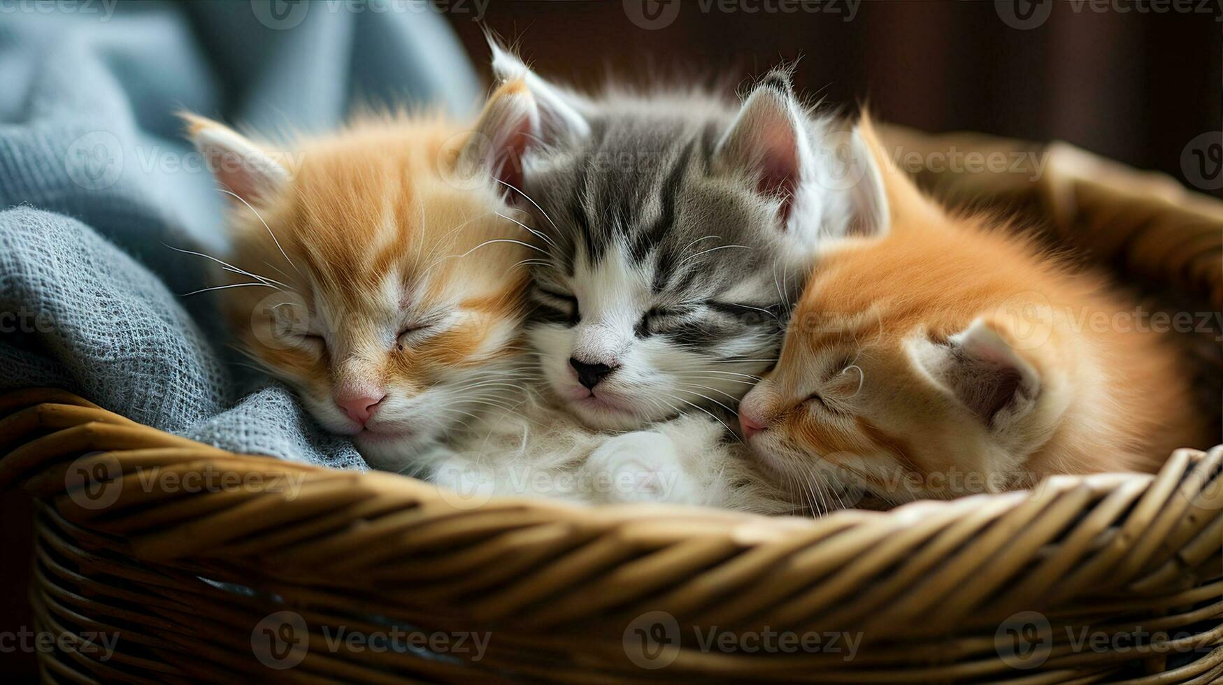 A trio of kittens cuddled together, sleeping peacefully in a woven basket. Generative AI photo