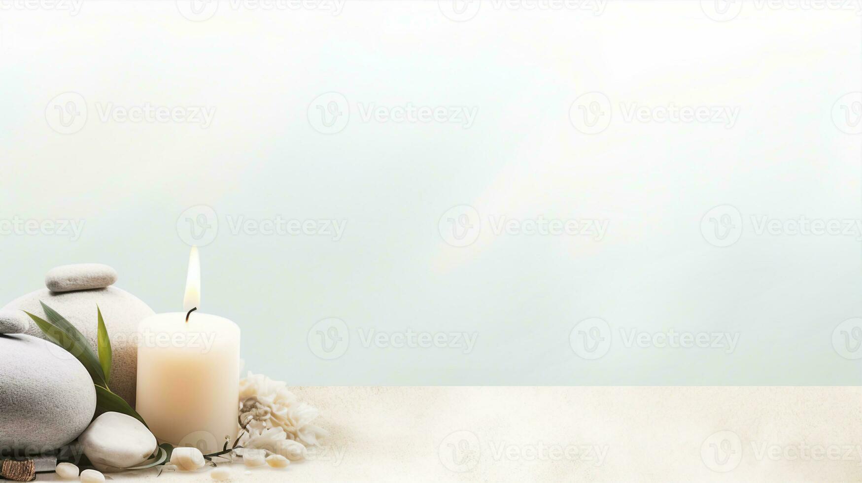 bandera muestra un sereno spa configuración, aromático velas, esencial aceites, masaje piedras, sugerencia relajación. generativo ai foto