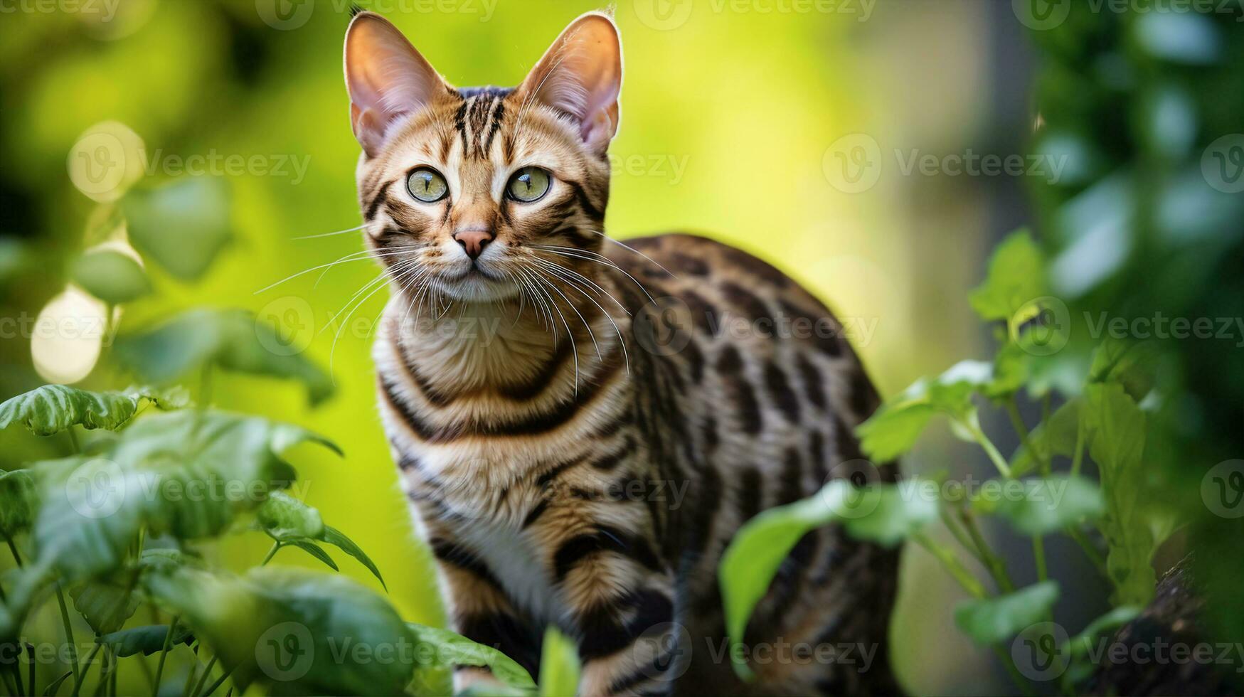 Bengal cat, its spotted fur reminiscent of a wild leopard, stands alert in a lush garden. Generative AI photo