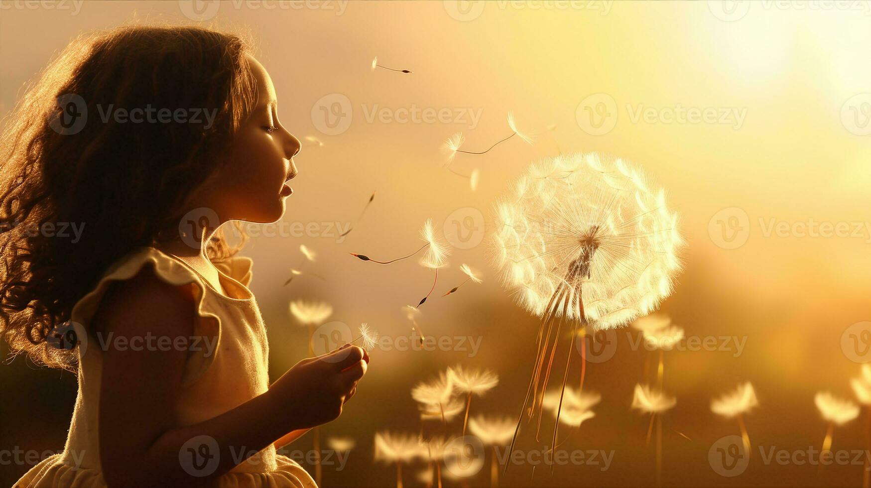 Girl blowing dandelion seeds, making a wish in the golden light of sunset. Generative AI photo