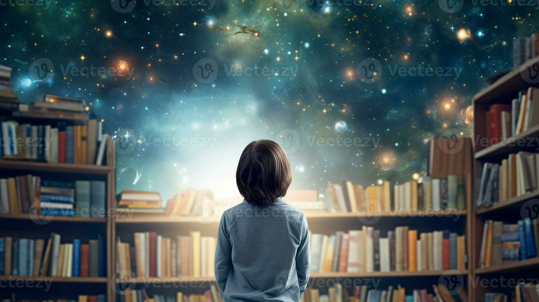 Child in a library, surrounded by books, a universe of stories waiting to be explored. Generative AI photo