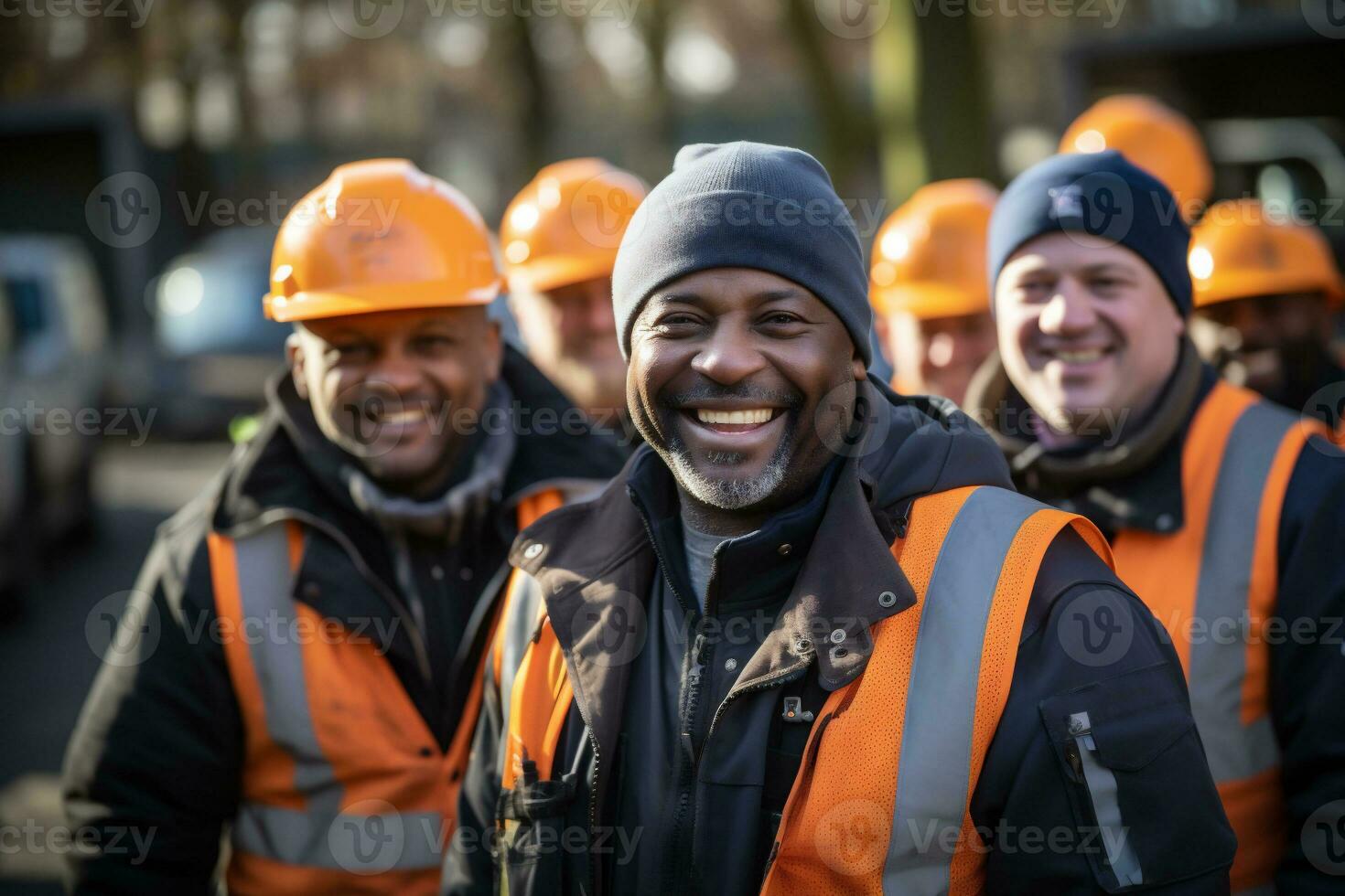 ai generativo. retrato de contento industrial trabajadores en pie en frente de un construcción sitio foto