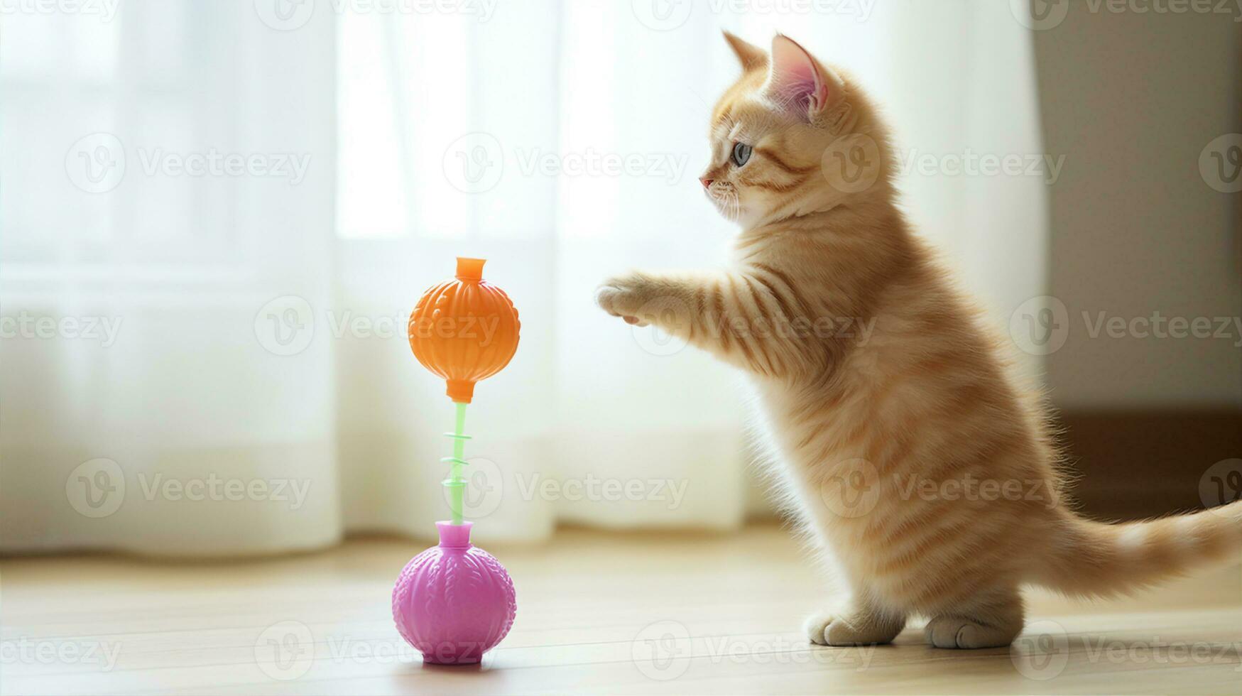 Munchkin cat standing upright, reaching for a dangling toy, displaying its short legs. Generative AI photo