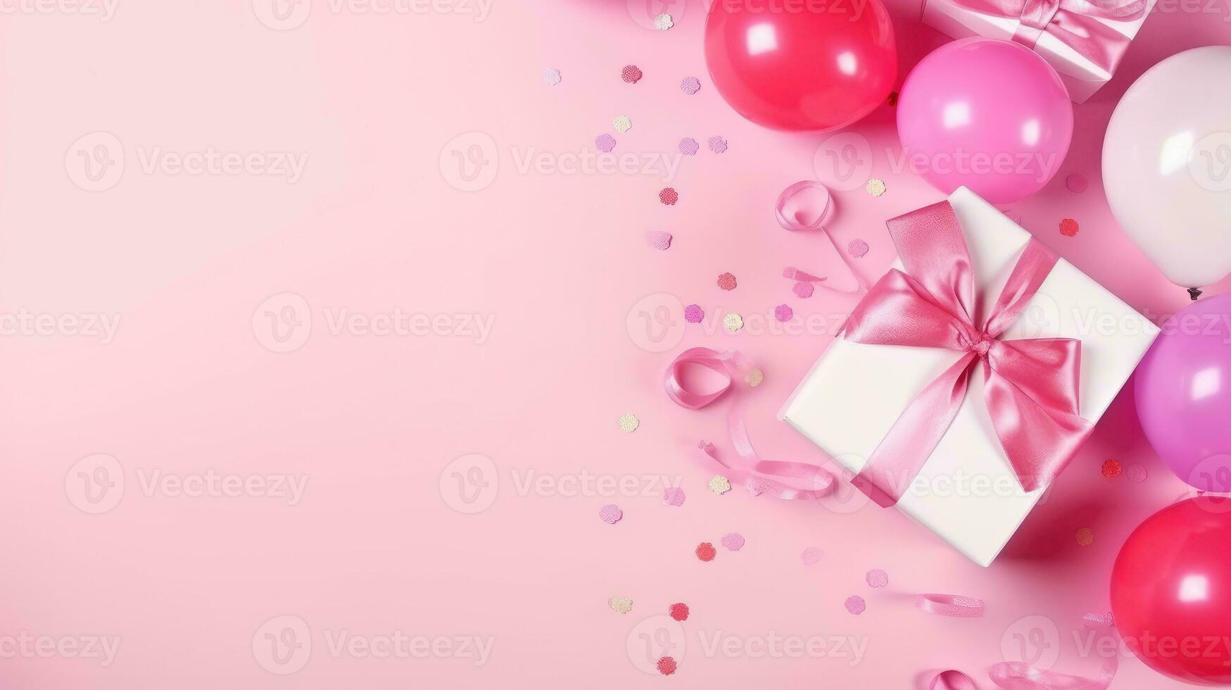 Birthday background, flat lay. Pink gift box, balloons and confetti on the table photo