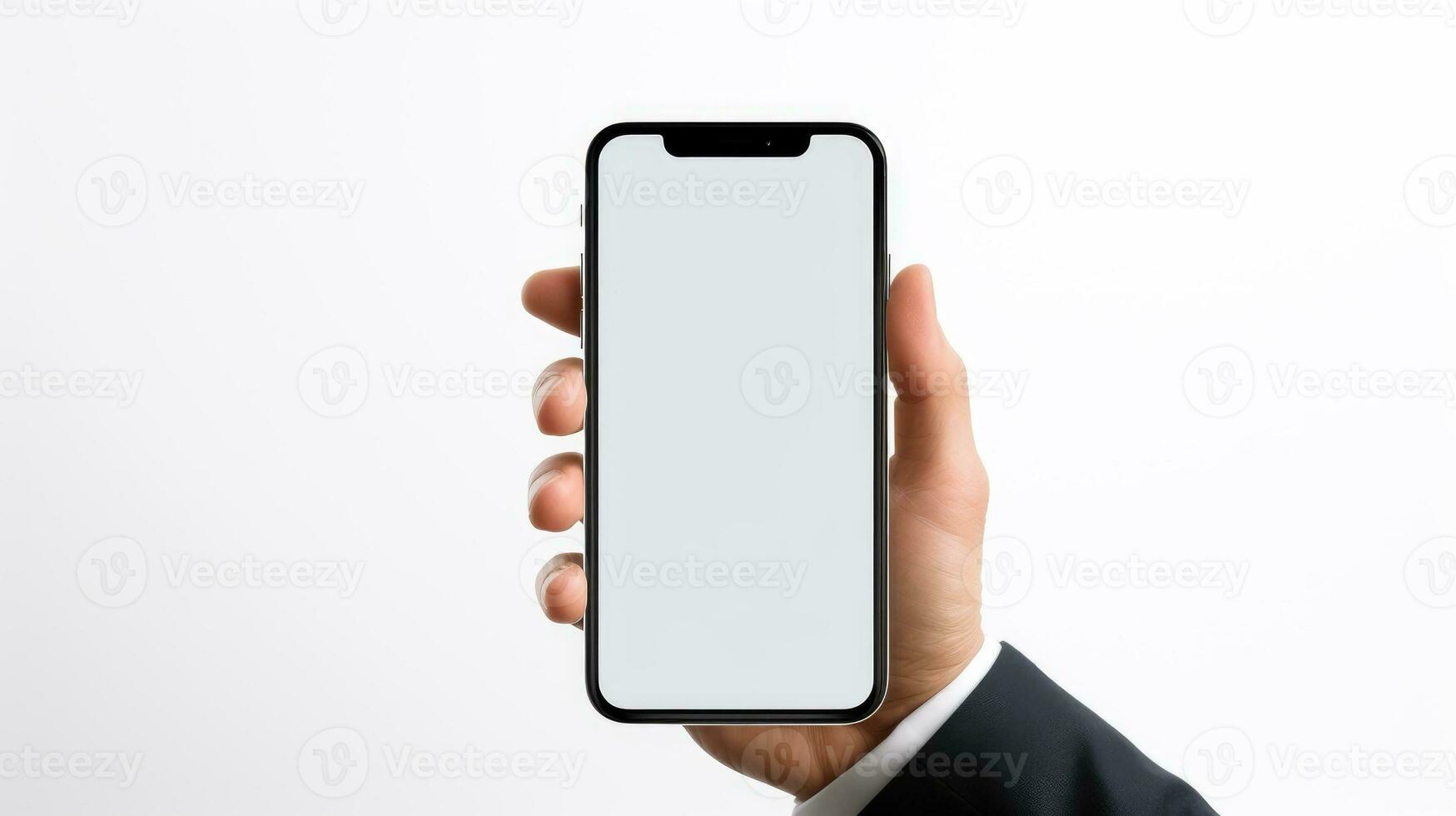 Man holding phone in hand, white screen. Generative AI photo