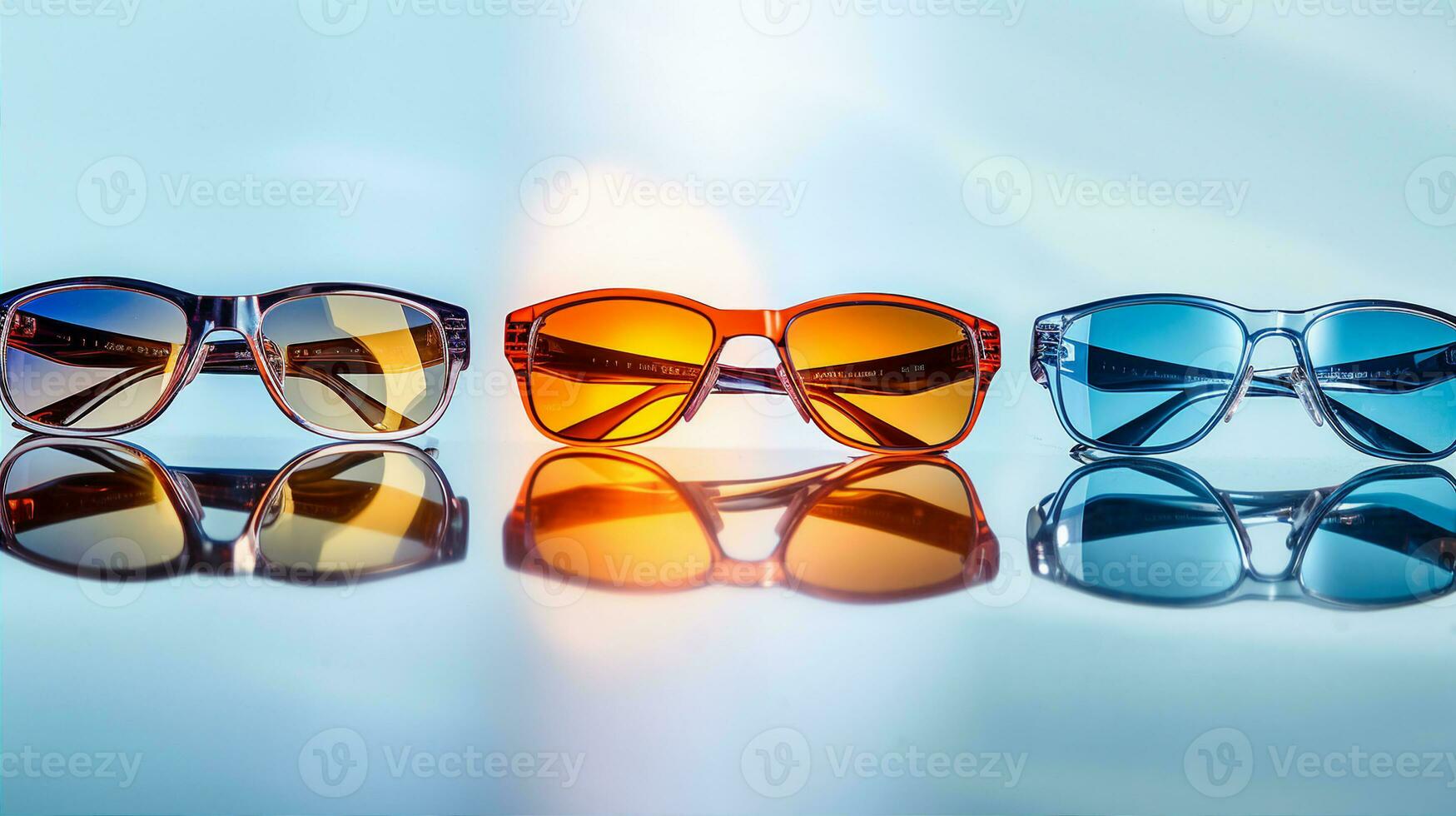 Banner displays various types of glasses, from sunglasses to reading specs, laid out on a mirrored surface with light reflections. Generative AI photo