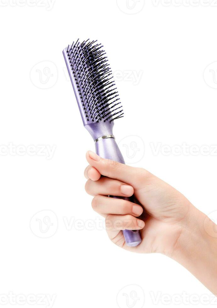 Female Hand Holding Shiny Purple Hair Brush Hair Accessories Closeup Photo On White Background