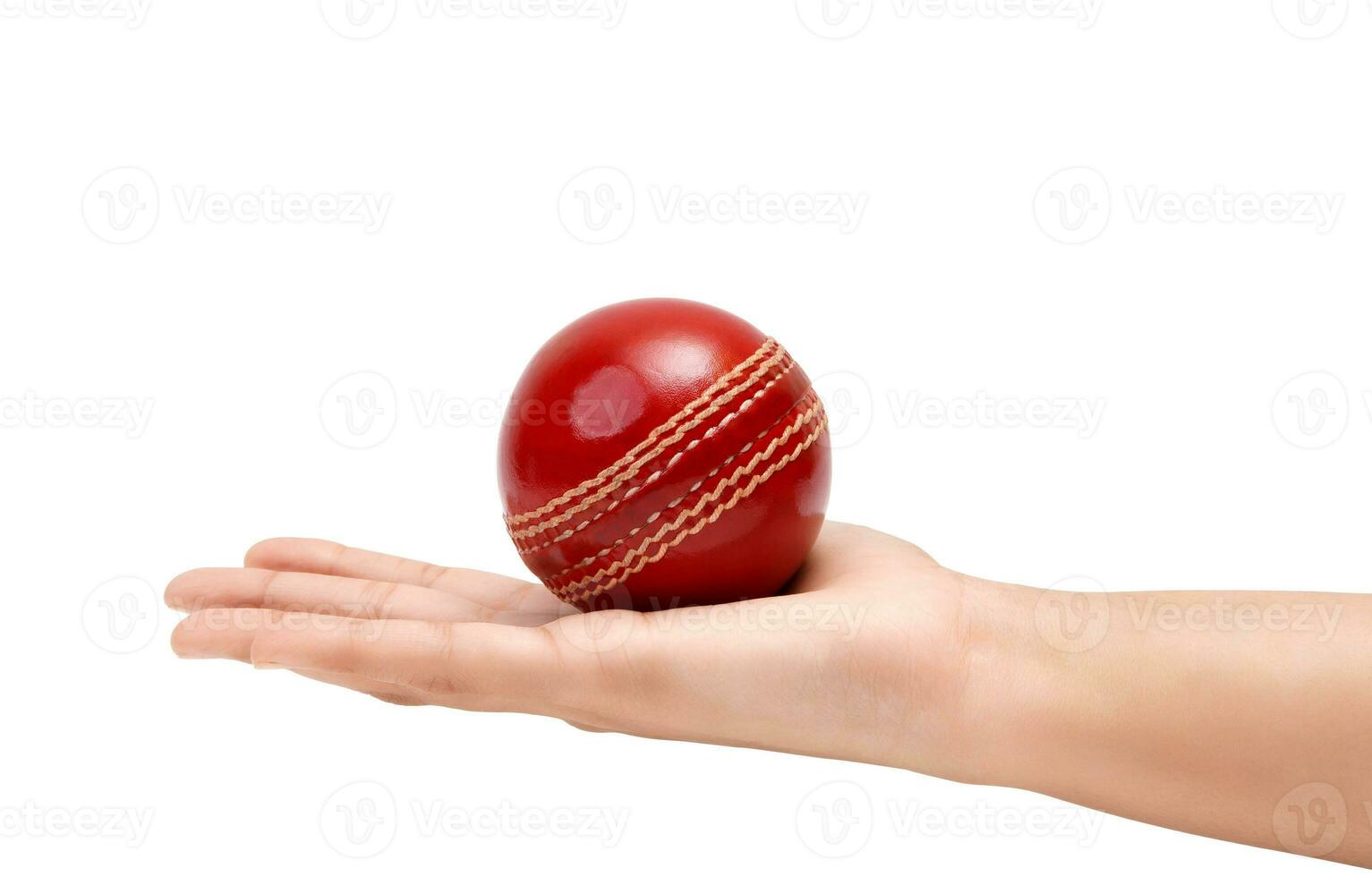 Shiny Red Test Match Leather Stitch Cricket Ball In Women Hand Closeup Photo White Background