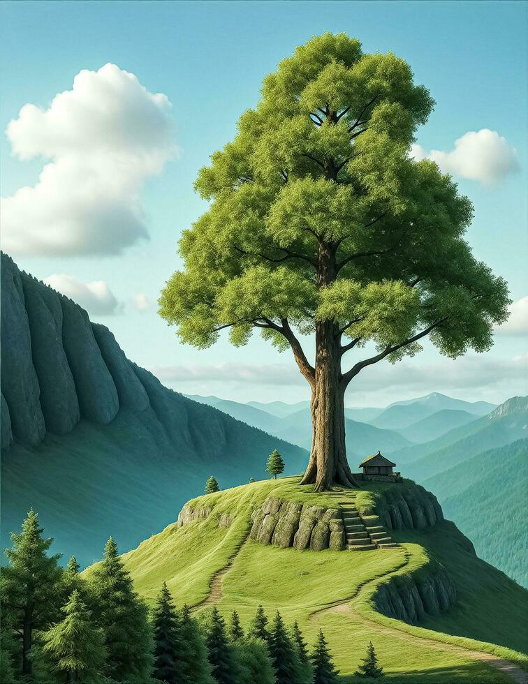 Huge Tree Landscape On The Mountain Illustration Generative Ai photo