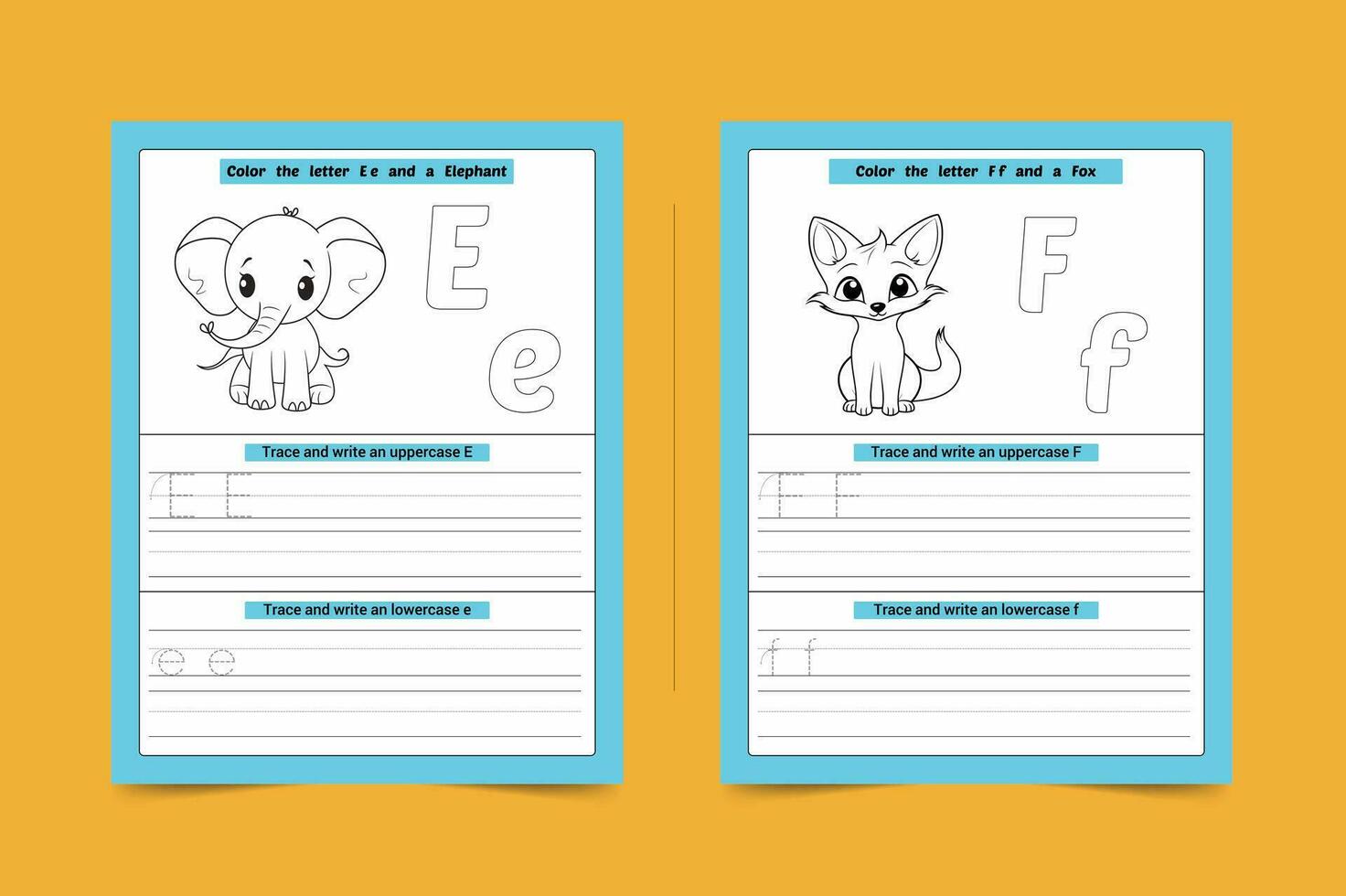 Letter E And F Handwriting Practice Sheet with Animal vector