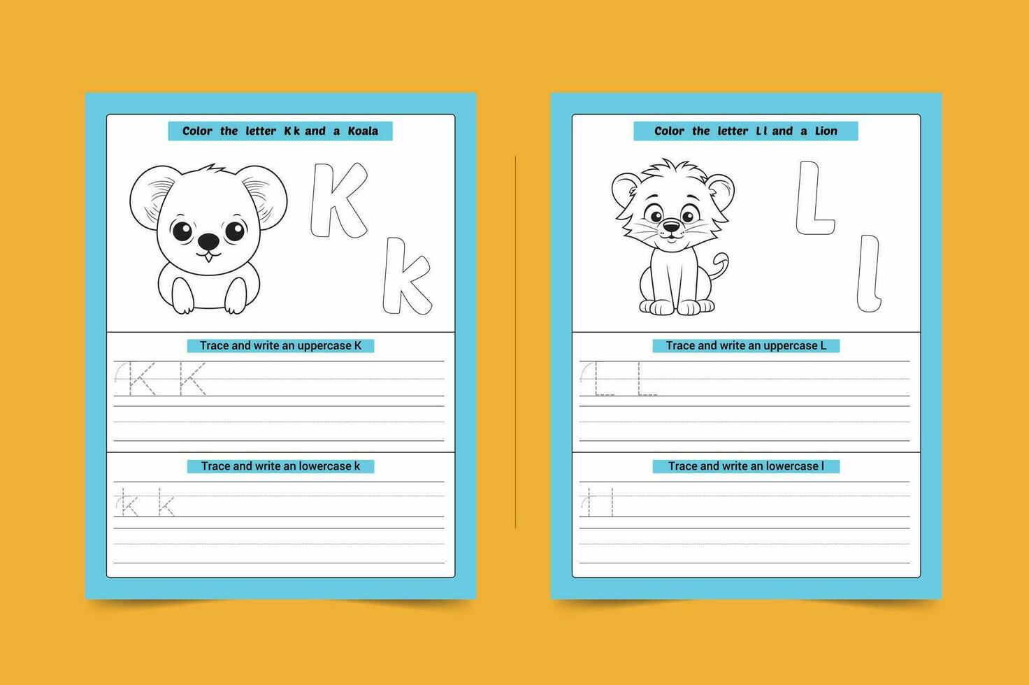 Alphabet Handwriting Practice Letters K and L with Animal vector