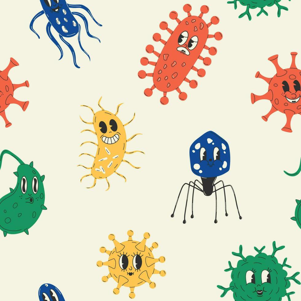Seamless pattern with Cute Cartoon bacteria, virus character. Old animation 60s 70s, funny cartoon characters vector