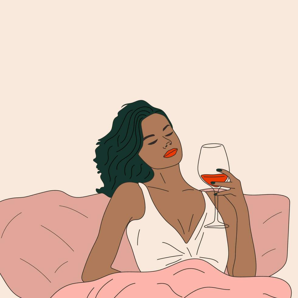 un mujer bebidas un vaso de vino en cama. vector. vino hora vector