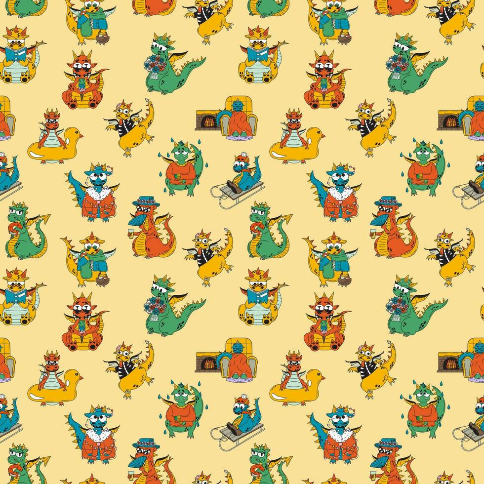 Seamless pattern with Funny fantasy characters dragons vector