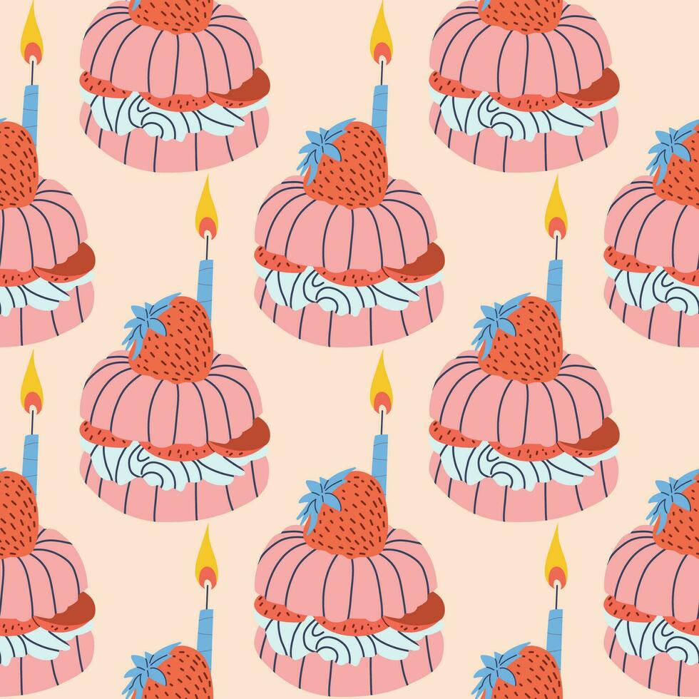 Cupcake with candles pattern seamless pattern vector illustration. Cupcakes, muffin pattern seamless background, pattern for textile, fabric, wrapping paper, wallpaper, packaging.