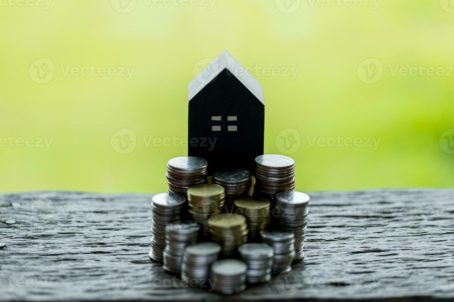 Business loans for real estate concept, money with model home on the table on bokeh background in the public park. photo